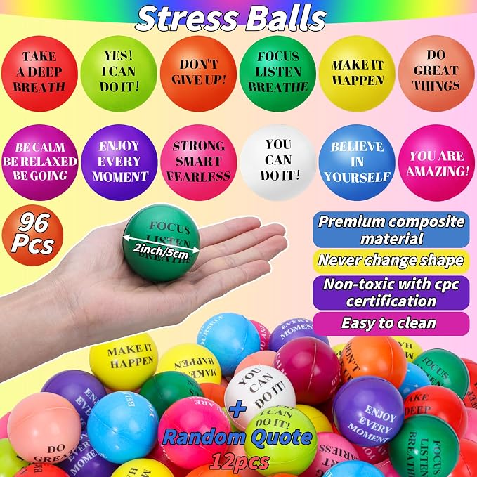 96 Pieces Motivational Stress Balls 2 Inch Inspirational Stress Relief Ball Bulk Hand Exercise Balls Encouraging Colorful Foam Balls Anxiety Small Balls with Quotes for Kids Adults Teens, 12 Styles