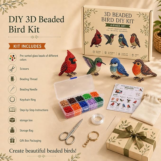 BLOWADM 4Pcs DIY 3D Animal Bead Embroidery Kit,Bird Beading Crafts with Instructions,Cute Bead Art Handmade Bird Gift for Beginners & Craft Enthusiasts