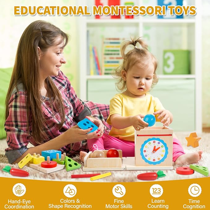 Kizfarm Wooden Montessori Baby Toys, 8-in-1 Wooden Play Kit Includes Object Permanent Box, Coin Box, Carrot Harvest, Shape Sorting & Stacking - Birthday Gift for Boys Girls Toddlers
