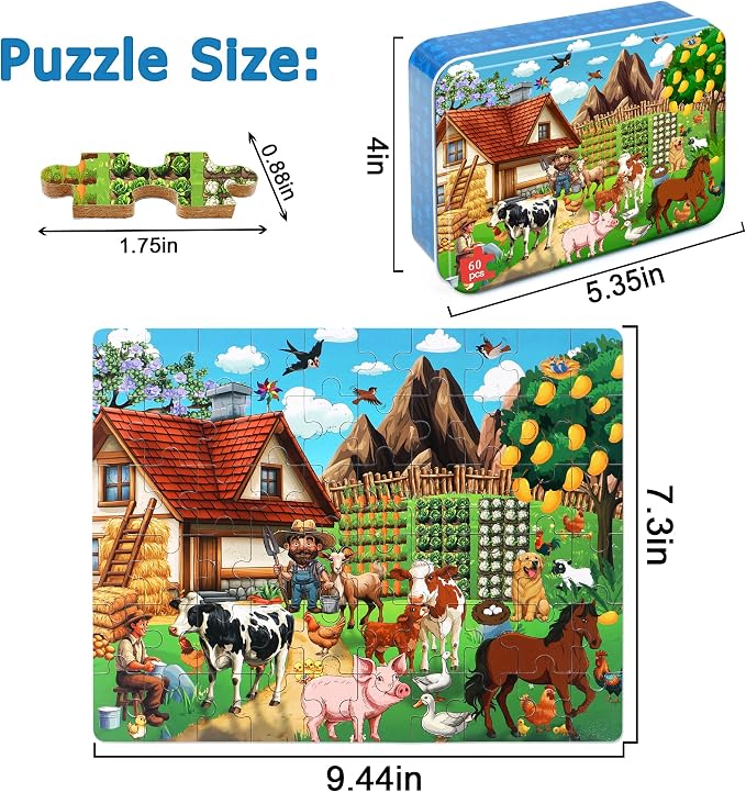 LELEMON Puzzles for Kids Ages 4-6, Farm 60 Piece Puzzles for Kids in a Metal Box, Educational Jigsaw Puzzles Childrens Puzzle Games Puzzle Toys for Girls and Boys