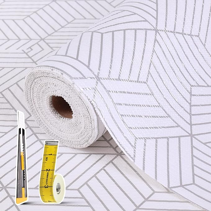 Shelf Liners for Kitchen Cabinets 24in x 30FT, Non Adhesive Cabinet Liner Strong Non-Slip Thickened Silver Geometric Easy to Clean for Shelf, Cabinet, Refrigerator with Knife and Tape Measure