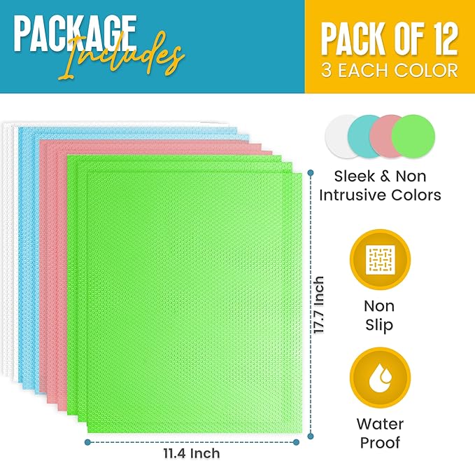 Refrigerator Liners for Shelves (12 Pack) by Linda’s Essentials - Non-Adhesive Shelf or Drawer Liner, BPA-Free Fridge Mats for Kitchen & Cabinets, Easy to Clean, Ideal Household Essentials(MultiColor)