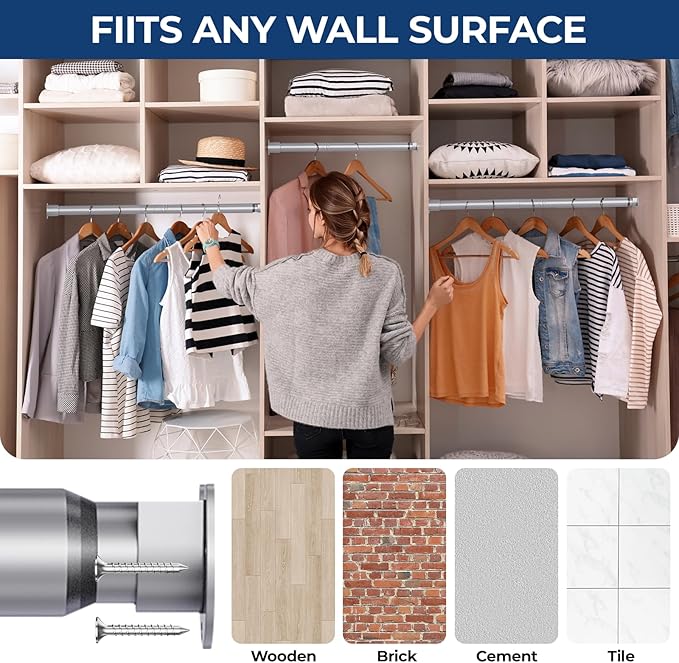 Mavivegue Closet Rod, 17 to 43 Inch Adjustable Closet Rods for Hanging Clothes, Silver Hanging Rod for Closet Wardrobes Laundry RV, Bathroom