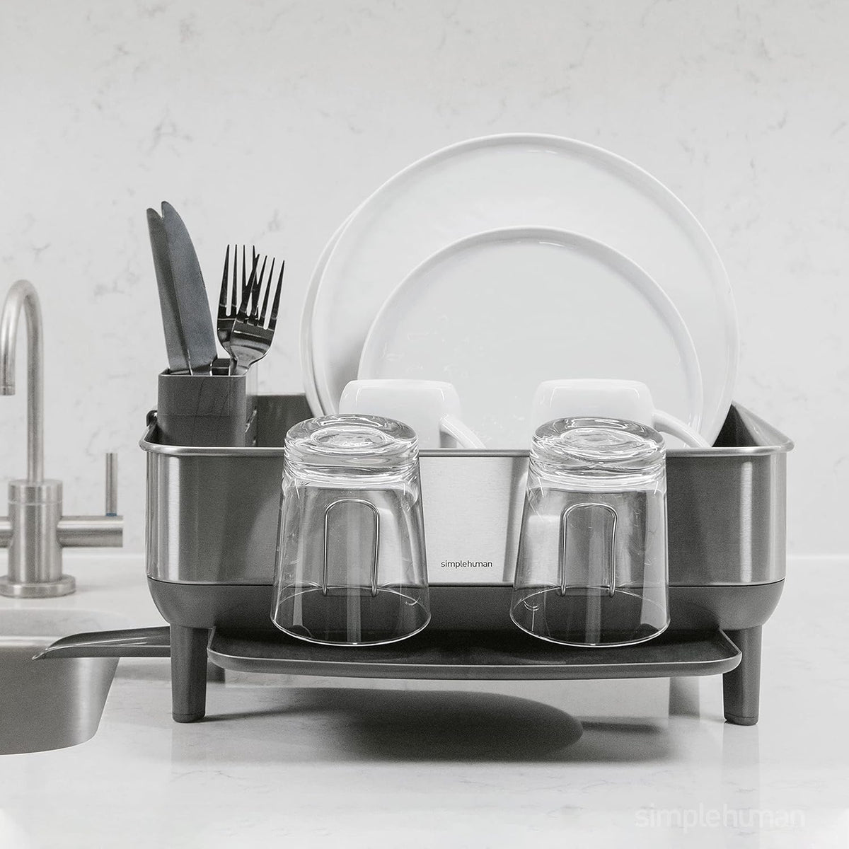 simplehuman Compact Dish Drying Rack with Stainless Steel Frame, 360º Easy Drain Swivel Spout, Utensil Holder, Anti-Residue Coating, Moisture Control Surface, Grey