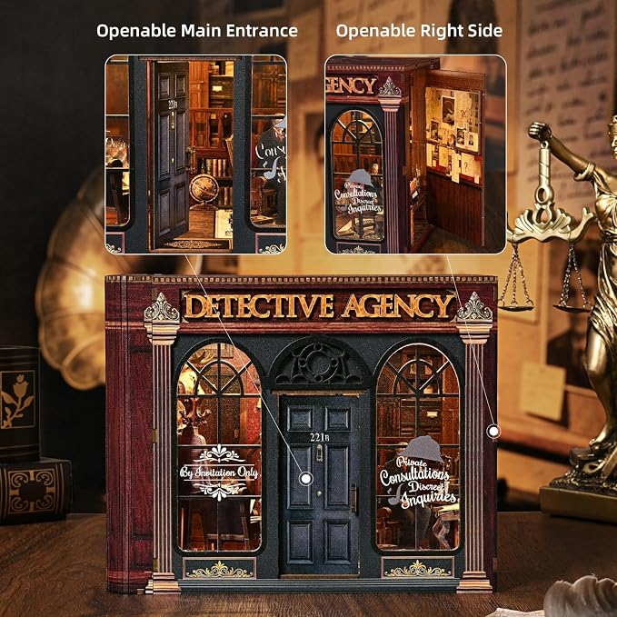 DIY Miniature House Kit, Dollhouse Detective Agency for Adults to Build, Birthday/Christmas Day Gift for Family and Friends, Prefab Tiny Home with LED Lights,Pipe & Deduction