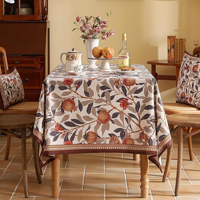 patdrea Designer Vintage Rectangle Tablecloth,Linen Pomegranates and Leaves Pattern Tablecloths,Fall Table Cover Cloth Decor for Kitchen Dining Christmas,Thanksgiving,55"x79"-Tehran a