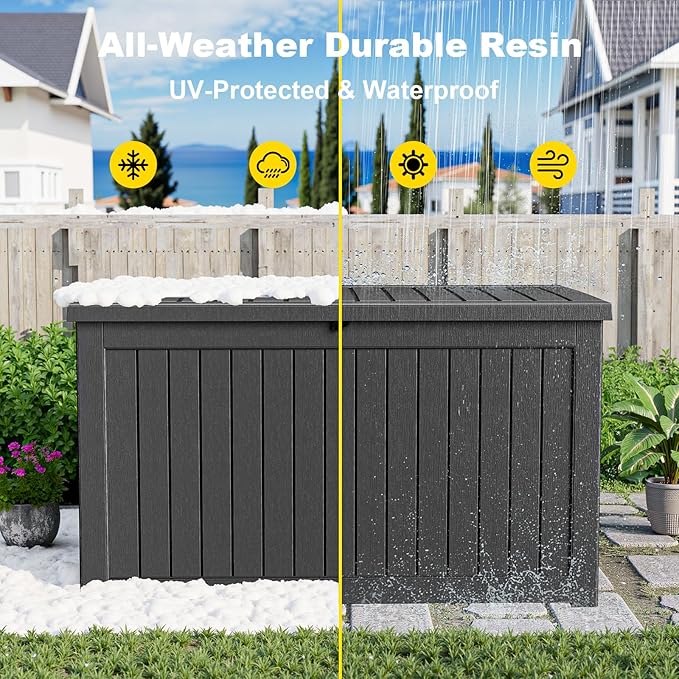 280 Gallon Waterproof Outdoor Storage Box, UV Resistant Resin Deck Box with Hydraulic Rod for Reinforced Stability, Perfect for Patio, Garden, and Pool（Black，280 Gallon）