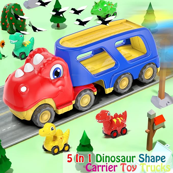 Veslier Toddler Car Toy for 2 3 4 5 Years Old, Dinosaur Transport Carrier Truck with 4 Pack Small Pull Back Dino Car, Friction Power Vehicle Christmas Birthday Gift for 18M+ Kids Boys Girls