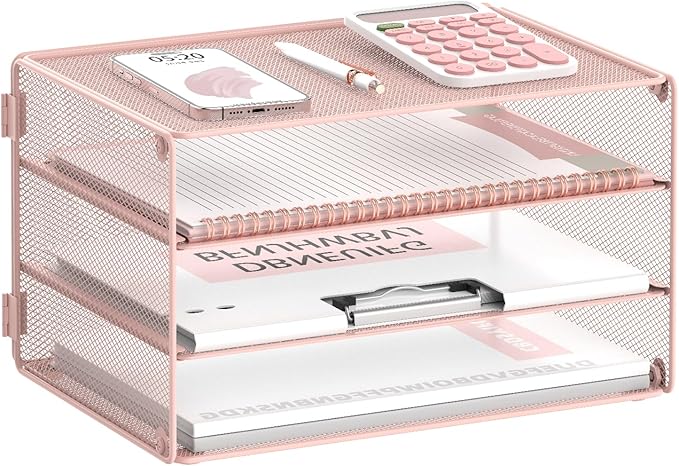 DALTACK 3 Tier Letter Tray Paper Organizer Mesh Metal Desk File Organizer for Home & Office, Pink