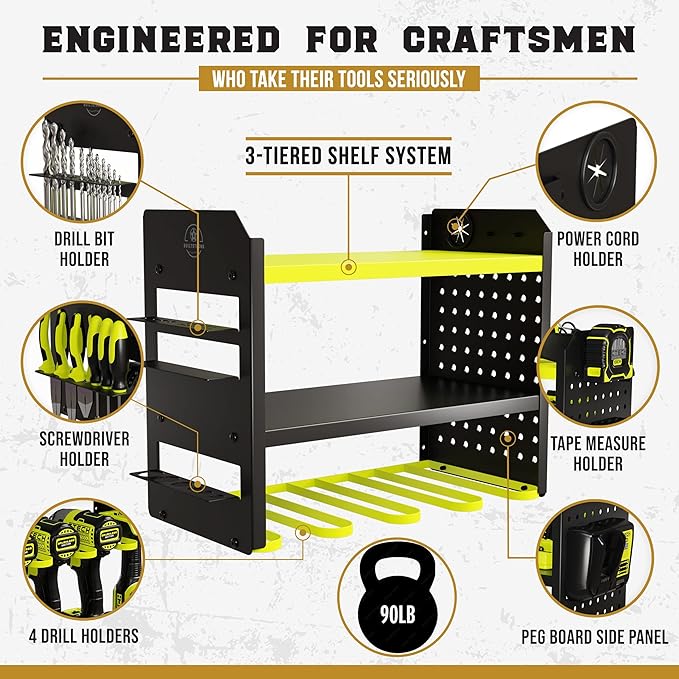 Heavy-Duty Metal Tool Storage Rack - 3-Tier Wall Mount Organizer, Drill Holder, Utility Racks, PegBoard Side, Garage Storage (Green)
