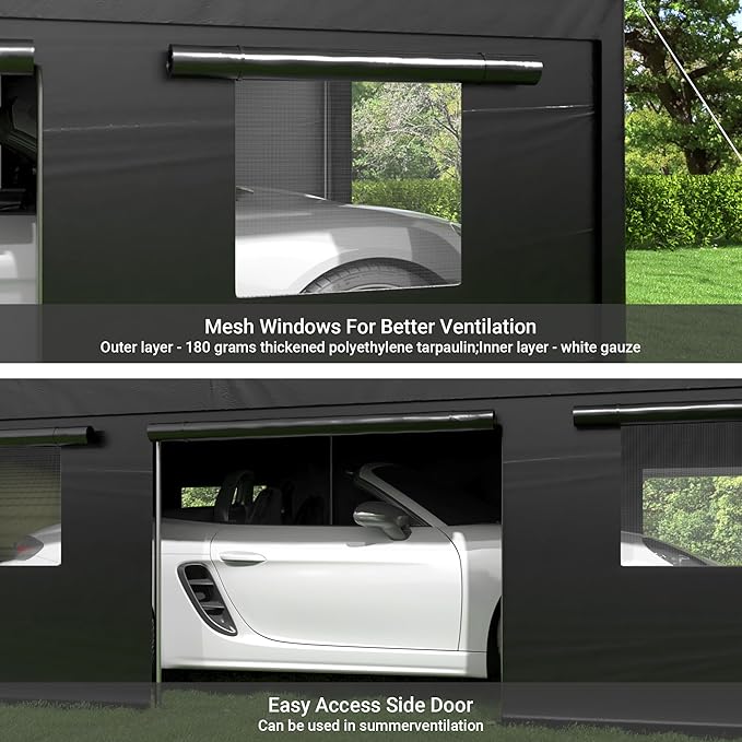 Carport, 12x20 FT Heavy Duty Carport, Portable Garage with Roll-Up Windows & Side-Opening Door, Car Canopy Reinforced Four-Hole Base for Car, Truck, Boat, Motorcycle