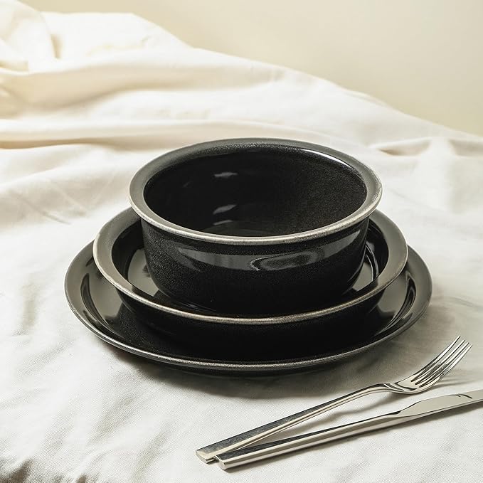 Stone Lain Slate 12-Piece Dinnerware Set Stoneware, Plates and Bowls Set, Dishwasher and Microwave Safe, Dish Set for 4, Black