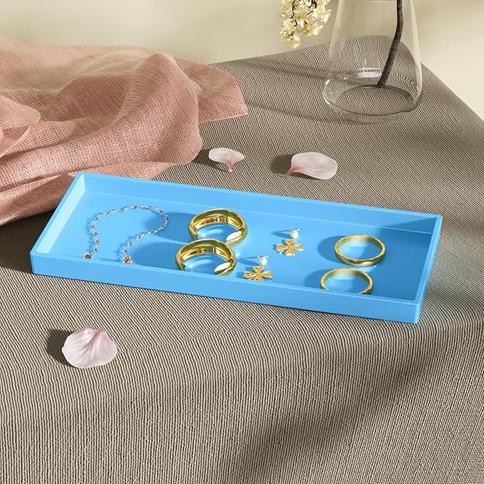 Vanity and Bathroom Tray, 11.8" ABS Countertop Organizer,Waterproof Vanity Tray for Toilet Tank,Perfume,Soap,Keys,Bathroom Accessories,Kitchen and Bath Trays,Non Slip Small Trays,Blue