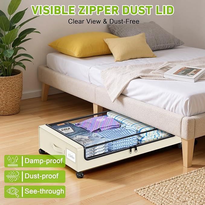 Under Bed Storage with Wheels, Under the Bed Storage Containers with Clear Lids & Label, Underbed Storage Bins, XXL 60L Rolling Metal Drawer for Clothes, Shoes, Toys, Books (Beige)