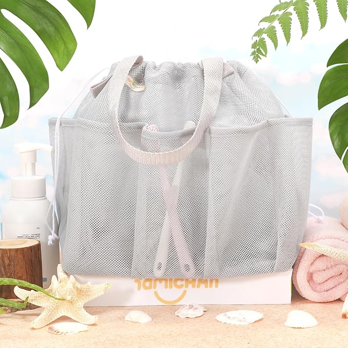 Mesh Shower Caddy Portable with Drawstring, Dorm Room Essentials for College Students, Grey Shower Bag for Camping,Swimming,Gym,Travel,Bathroom