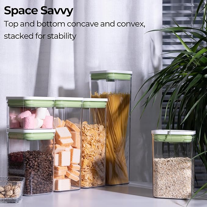 linoroso Pop Airtight Food Storage Containers with Date Recording Lids, Stackable Plastic Storage Containers Set of 7, Dry Cereal Container Set for Pantry Countertop Fridge Organization