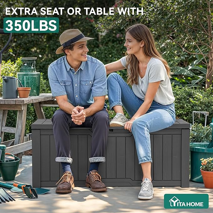 YITAHOME Outdoor Storage Box, 120 Gallon Waterproof Deck Box for Garden Tools, Patio Cushions, and Pool Accessories, Lockable, Easy Assembly, Versatile Bench or Table (Dark Gray)
