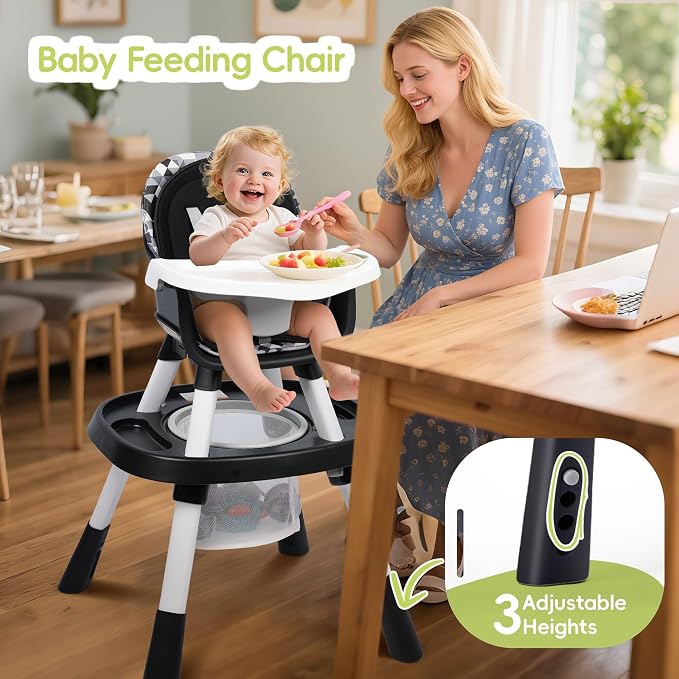 15 in 1 Convertiable High Chair for Babies and Toddlers, 2 in 1 Highchair & Activity Center w/Toys, Booster Seat, Toddler Chair w/5-Point Harness & Removable Tray & 2-Layer Cusion (Black)
