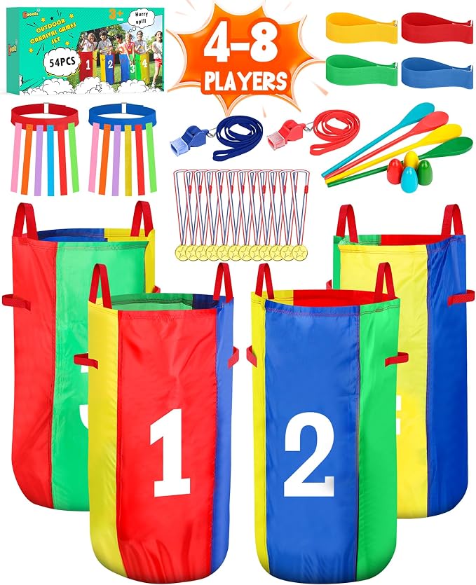 Eocolz Outdoor Carnival Games, Potato Sack Bags for Kids Adults, Egg Spoon Relay Race, 3 Legged Race Bands, Catch Tail Games, Birthday Party, Field Day Family Day Yard Lawn Easter Fall Festival Games