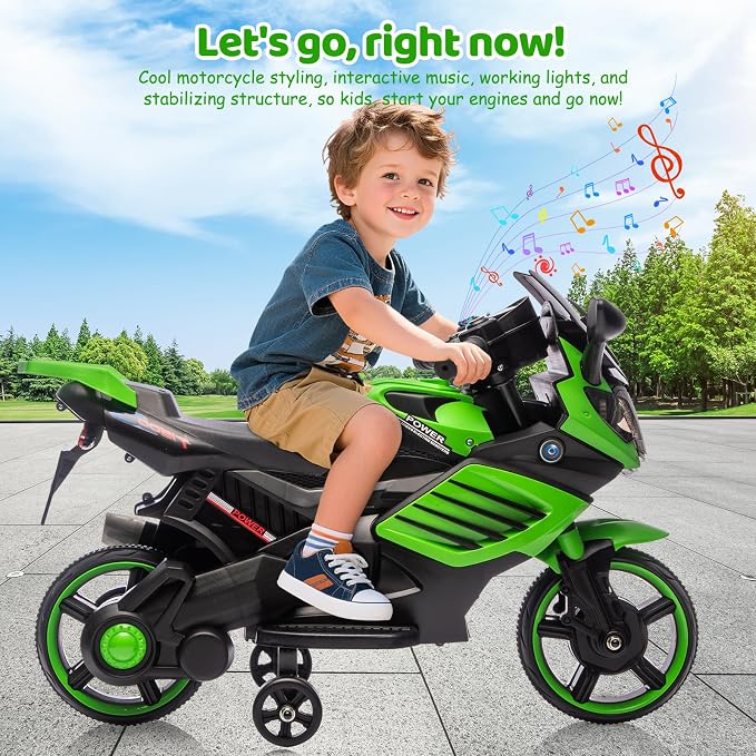 Kids 6V Ride On Motorcycle, Battery Powered Ride On Toys w/Treaded Tires, Working Headlight, Horn, Music, Training Wheels, Stable Electric Toddler Motorcycle for Kids, Gift for Boys Girls, Green