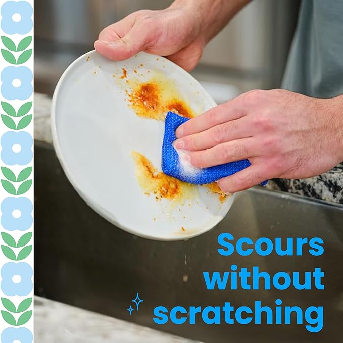 Scotch-Brite Blooms Dobie Scrubbing Pad, Non-Scratch Kitchen Sponge for Cleaning Dishes, Appliances, and Bathrooms, Raindrop Blue Dish Sponge that Dries Fast, 2 Pack