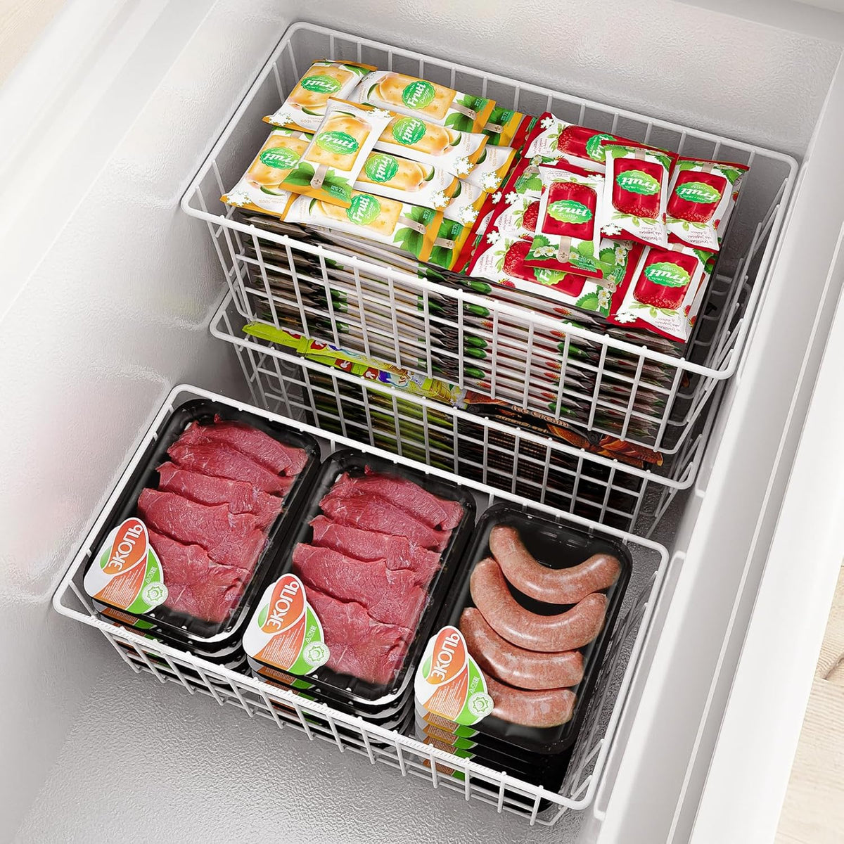 Orgneas Freezer Organizer Bins, Upright Freezer Basket Drawer Organizer Bins, Better Air Circulation Metal Wire Storage Container Bin For Chest Deep Freezers, Easy Sort & Get Food, 2 Large 2 Medium