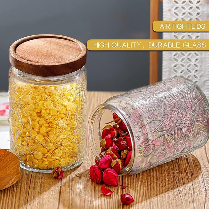 24 OZ Airtight Glass Storage Jar with Bamboo Lid - Vintage Glass Jar Vintage Food Containers Canisters Set for Kitchen Counter & Pantry - Ideal for Sugar, Flour, Coffee, Tea, Candy, Oats -2 Pack