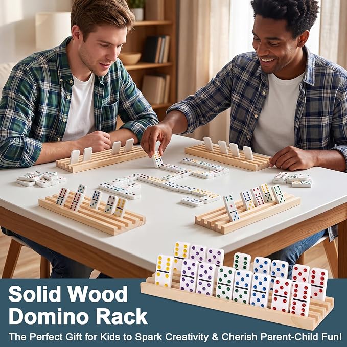 Soulchen Natural Wood Color Wooden Domino Racks Set of 4, Wood Domino Tiles Trays Holders Organizer for Mexican Train Classic Board Accessories, Dominoes Not Included (12 x 3.6 Inch)
