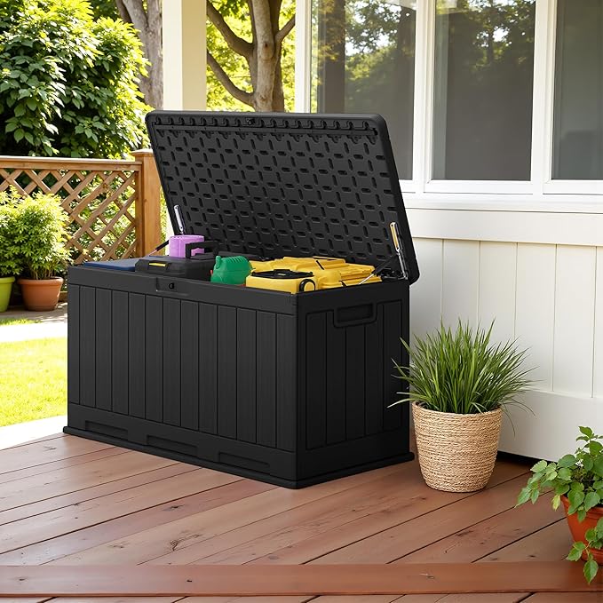 Devoko 90 Gallon Double-Wall Deck Box, Side Handles, HDPE Outdoor Large Storage Box Waterproof and Lockable for Patio Furniture, Garden, Pool (Black, 90 Gallon)