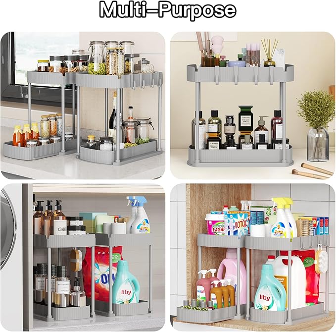 2 Pack Multi-Purpose Pull-Out Storage Organizers, Under Sink Organizers and Storage for Bathroom & Kitchen, Under Cabinet Organizers and storage, 12.8 Inch, Grey