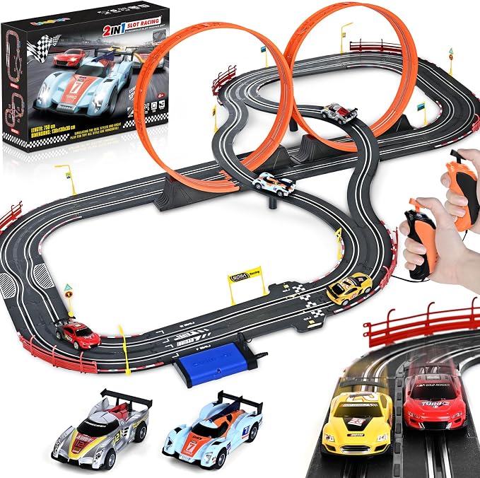Boy Toys Gifts for 6 7 8-12 Years Old, Slot Car Race Track Sets with 4 Slot Cars, Battery or Electric Car Track for Boys, Dual Racing Game Lap Counter Circular Overpass Track Gifts for Kids