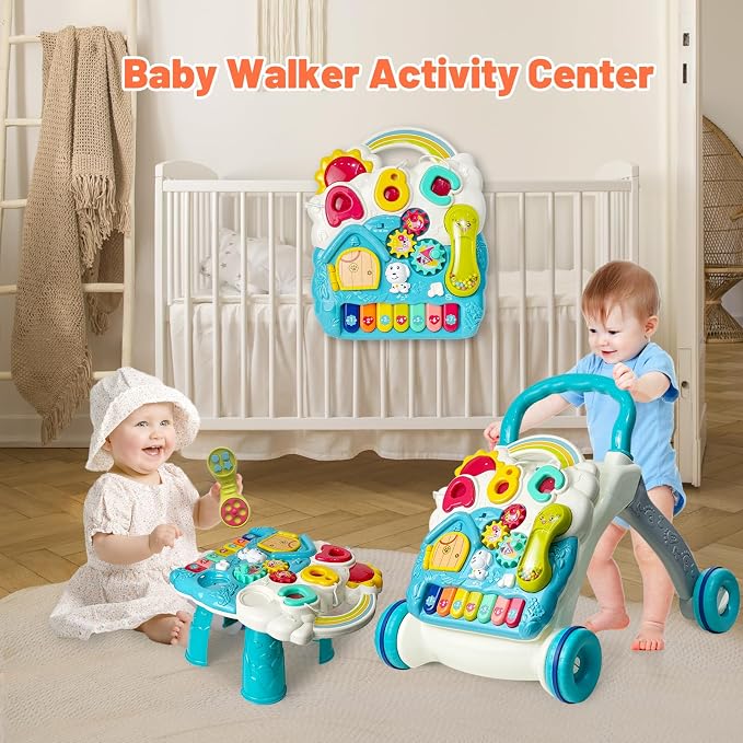 Sit to Stand Baby Walker, Activity Center with Music and Light, Activity Table for Toddlers, Push Toys for Babies Learning to Walk, Early Education Toys for Infant Boys Girls 6 Months Up (Blue)