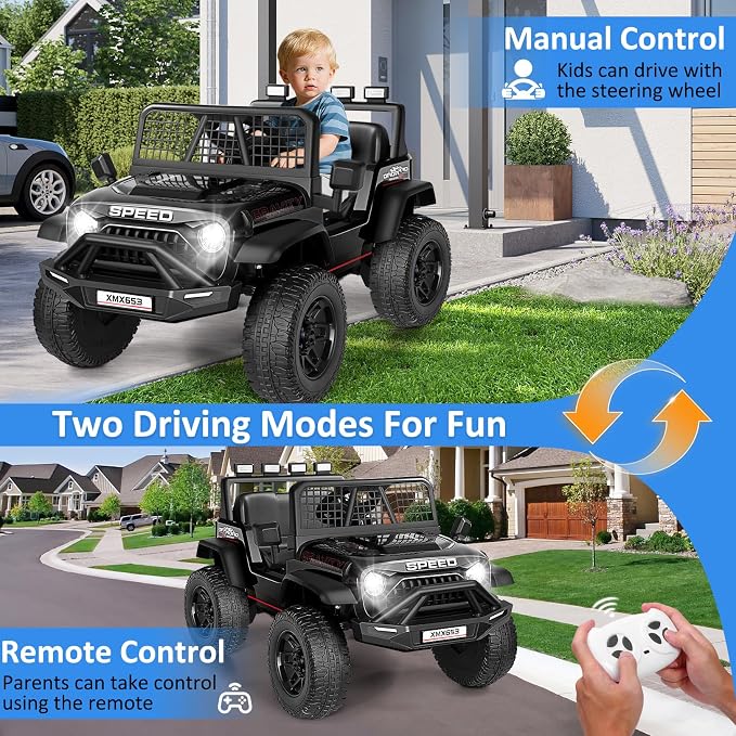 Hikole 24V Kids Ride on Car with Parent Remote Control, Electric Truck Car Toys for Toddler Boys Girls Ages 3-8, Spring Suspension, Safety Belt, Music Player, 3 Gear Shift, LED Light, Black