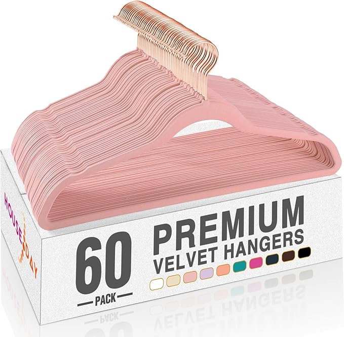 HOUSE DAY Pink Velvet Hangers 60 Pack, Premium Non-Slip Felt Clothes, Sturdy Heavy Duty Coat, Durable Hangers for Suits, Space Saving with No Hanger Mark, 360° Swivel Rotating Rose Gold Hook