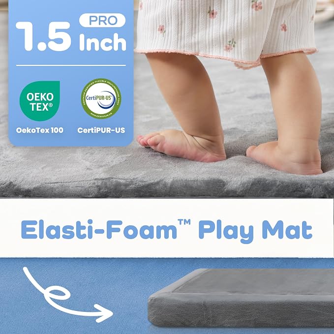 1.5" Thick Baby Play Mat for Floor Tummy Time, 50"x 50" Pro Soft Baby Activity Playmats Playroom, Easy Care with Non-Slip Safe for Infant Toddler Kids Crawling(Dark Grey)