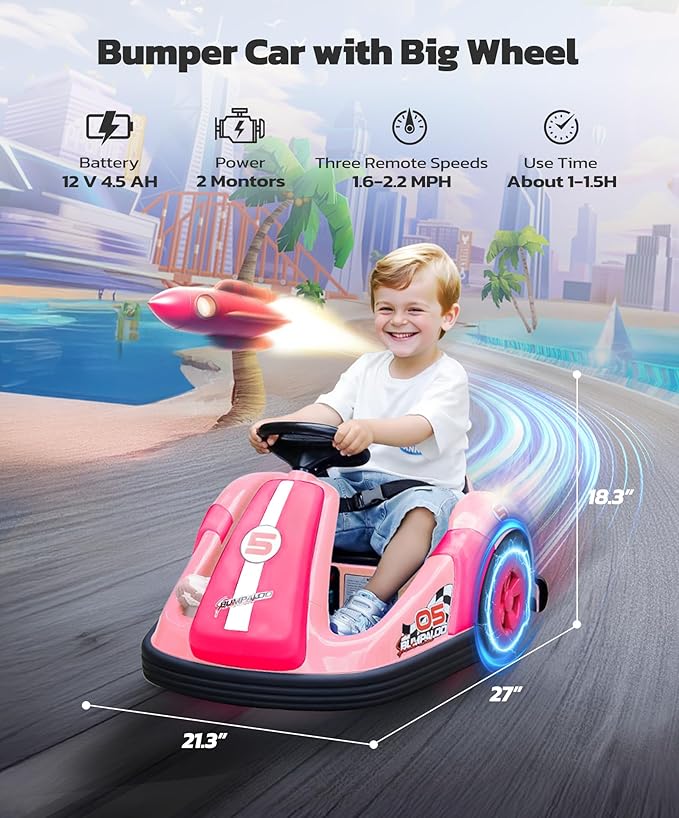 ELEMARA Toddler Bumper Car with Big Wheels, 2.2 Mph, Ride On Toys for Toddlers with DIY Stickers, 12v Electric Bumper Cars for Kids with Bluetooth,LED Light,Music for Indoor Outdoor,Peach Pink