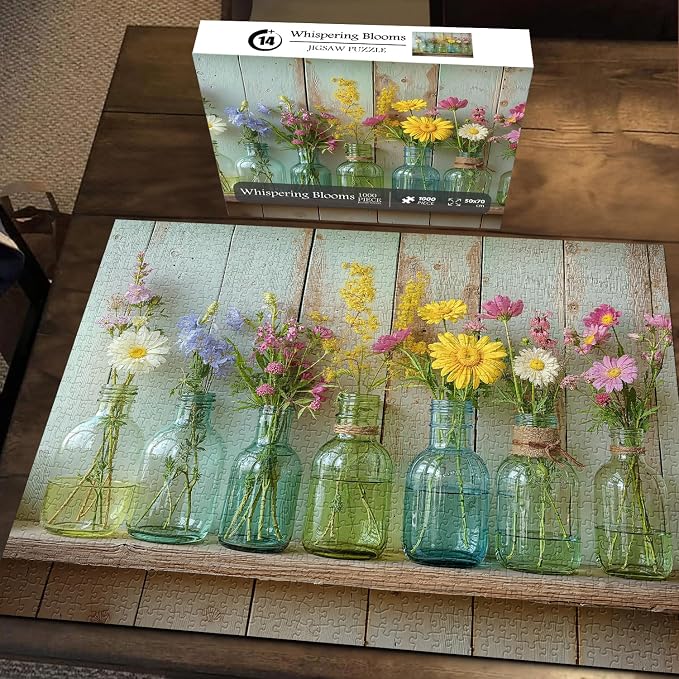 Wildflower 1000 Piece Puzzle for Adults, PICKFORU Whispering Blooms Summer Flower Garden Jigsaw Puzzle, Challenging Retro Vibrant Sunflower Vase Theme as Home Decor