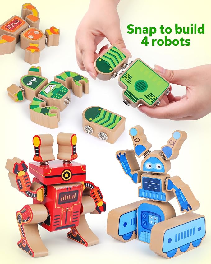 Coogam Fine Motor Building Robot Blocks for 3 4 5 Years Old Kids, Wooden Snap Together Builders, STEM Take Apart Robot Playset, Educational Learning Toy Gift for Boys Girls