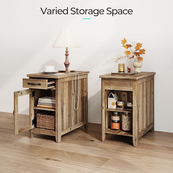 LINSY HOME End Table Set of 2 with Charging Station, Modern Farmhouse Sofa Couch Side Table, Wooden Bedside Table for Living Room, Nightstand with Storage Cabinet for Small Space, Brown, Glass Door