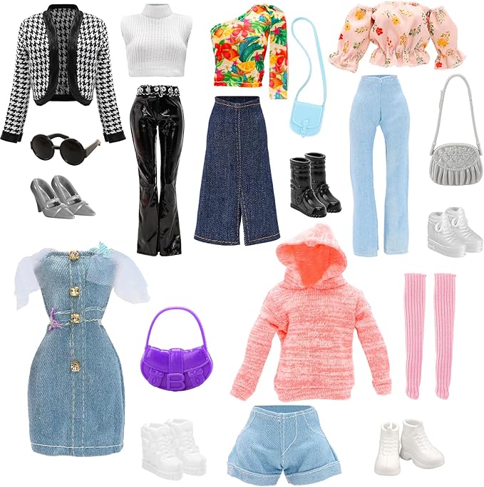 15 PCS Doll Clothes & Accessories Includes 5 Stylish Doll Outfit, Hooded Wear, Dress, Jacket, Casual Clothing with 5 Pairs of Shoes 5 Accessories for 11.5 Inch Girl Dolls Fashion Set