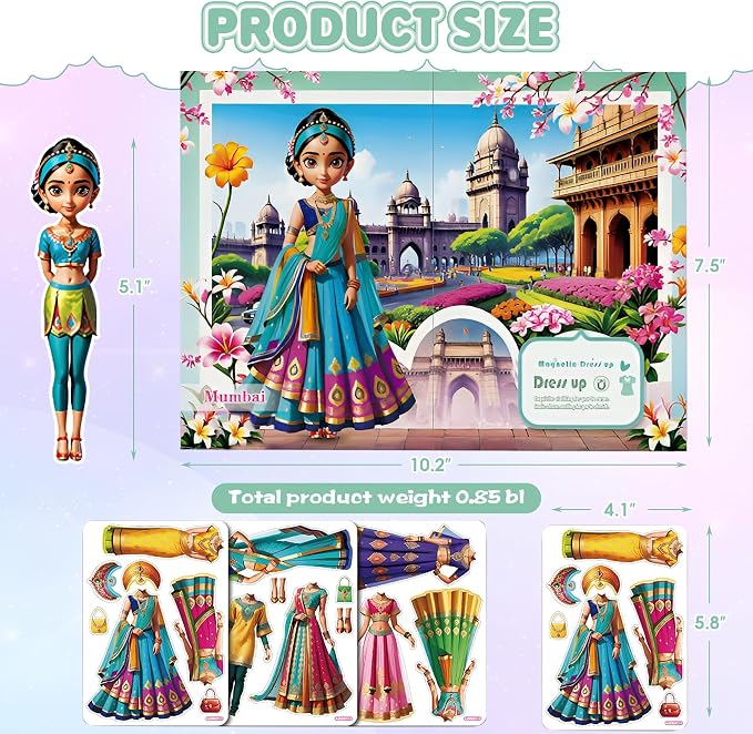 Magnetic Dress Up Dolls for Girls - Princess Magnet Paper Dolls Book with 3D City Buildings - Travel Car Trip Quiet Book Game Toys Easter Birthday Gifts for Kids Toddlers Ages 3 4 5 6 7(Style E)