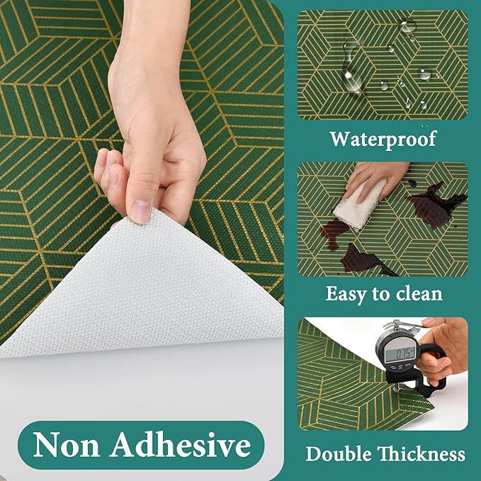 Shelf Liners for Kitchen Cabinets 12in x 30FT, Non Adhesive Cabinet Liner Strong Non-Slip Thickened Gold Green Geometric Drawer Liner, Easy to Clean for Shelf, Cabinet with Knife and Tape Measure