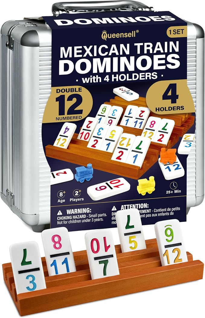 Queensell Mexican Train Dominoes Set with Numbers and 4 Holders - Wooden Hub and Domino Holders - Double 12 with Numbers (D12 Numbers + 4 Holders)