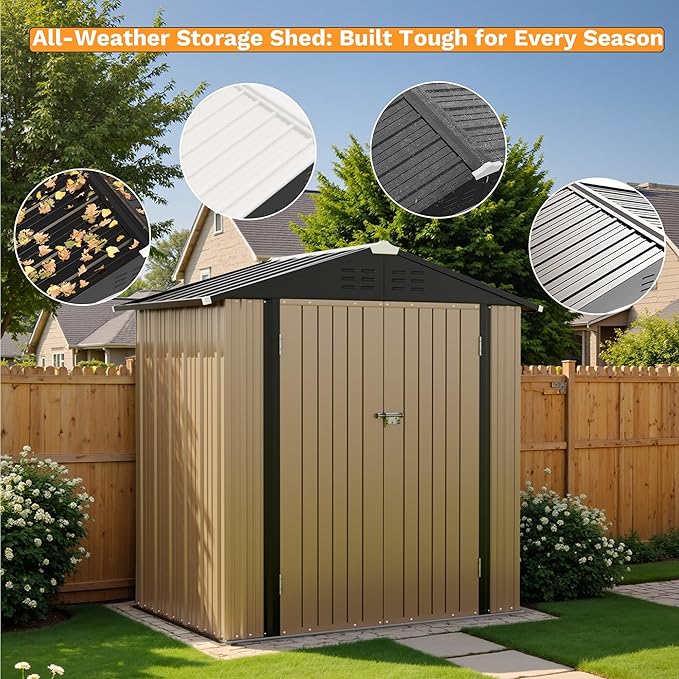 Greesum 6x4FT Outdoor Storage Shed, Utility Tool Shed Metal Storage Garden Shed with Door & Lock for Patio Storage, Brown