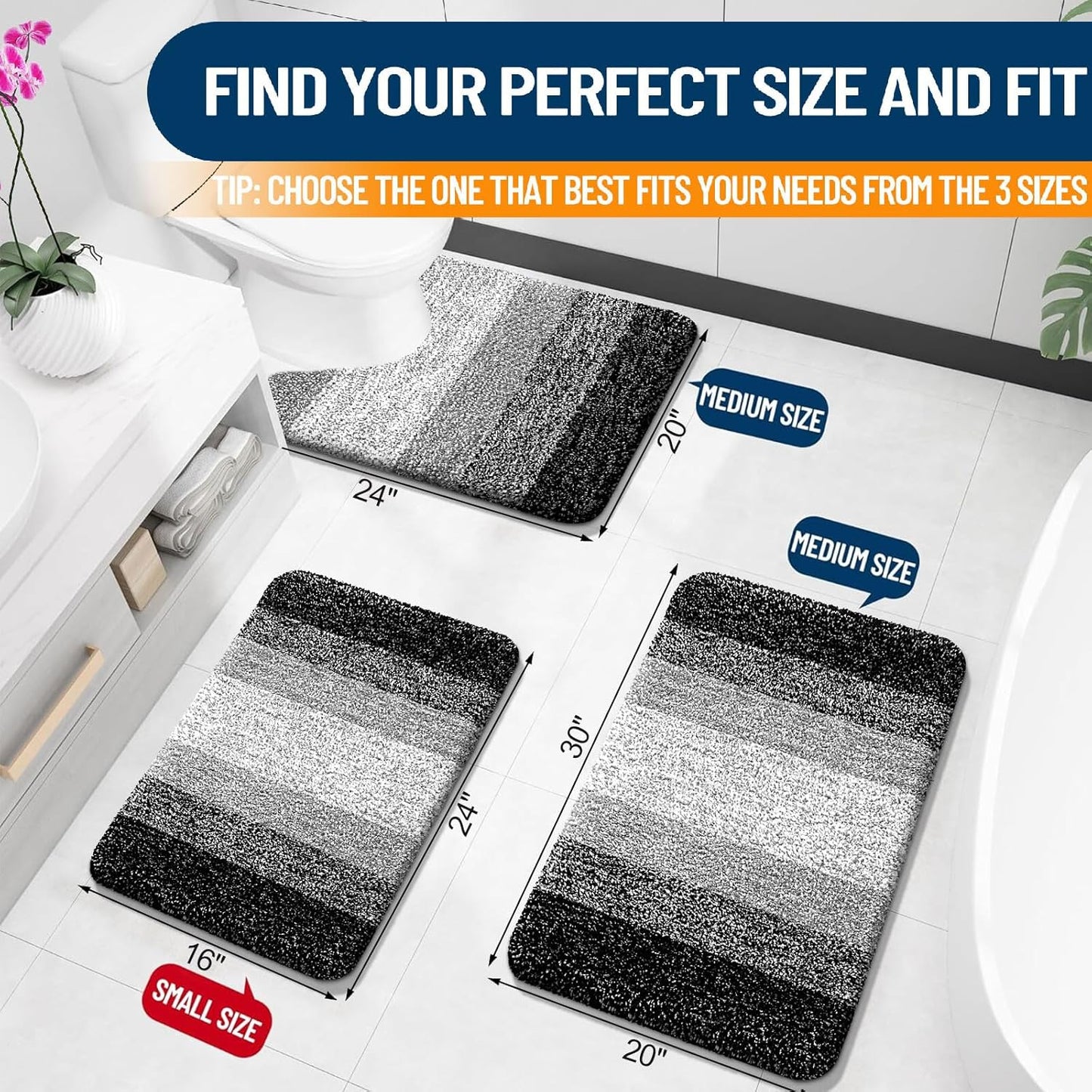 OLANLY Bathroom Rugs Mat 30x20, Extra Soft Absorbent Microfiber Bath Rugs, Rubber Backing, Quick Dry, Machine Washable Bath Mats for Bathroom Floor, Tub and Shower, Home Decor Accessories, Black