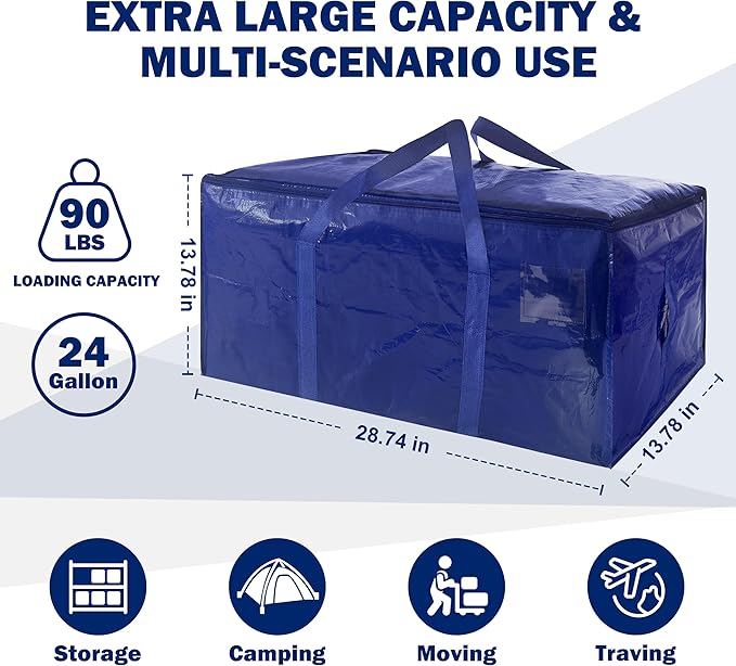 12 Pack Extra Heavy Duty Large Moving Bags with Strong Zipper & Carrying Handles, Sturdy Clothes Storage Bags Totes Bins, Packing Bag Move Boxes College Moving Supplies, Dark Blue - 24 gal