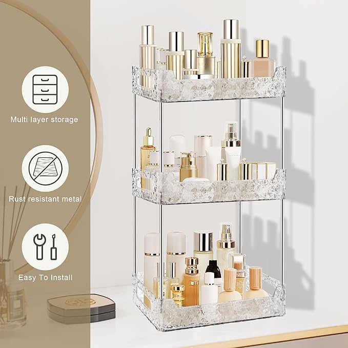 3-Tier Bathroom Counter Organizer Countertop Storage, Dresser Organizer Vanity Tray for Makeup, Perfume Organizer Cosmetics Skincare Shelf - Clear