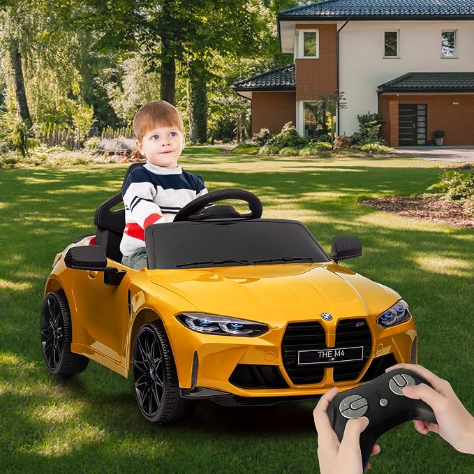 12V Ride On Car for Kids，Licensed BMW M4 Battery Powered Vehicle Car for Boys and Girls, with Remote Control,3 Speed,Led Light (Yellow)