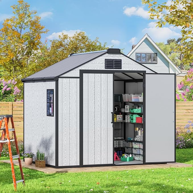 MELLCOM 8 x 6 FT Outdoor Storage Tool Shed with Windows and Lockable Door, Resin Outdoor Storage Shed with Floor, Resin Garden Shed for Lawnmower, Pool Supply, Bike