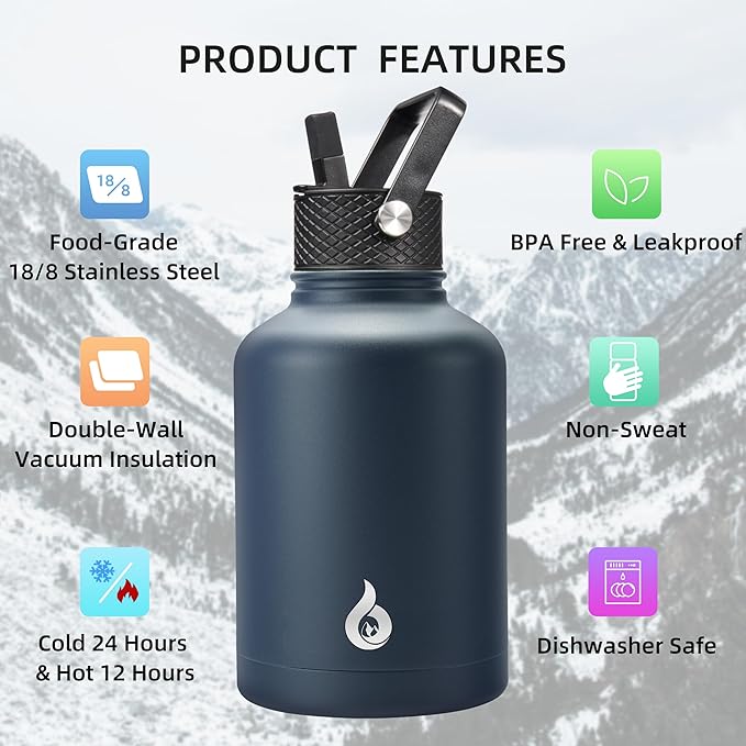 BJPKPK Insulated Water Bottles with Straw Lid, 50oz Large Water Jug, Stainless Steel Vacuum Bottles, Hot & Cold Thermo with 3 Lids and Paracord Handle,Navy Blue